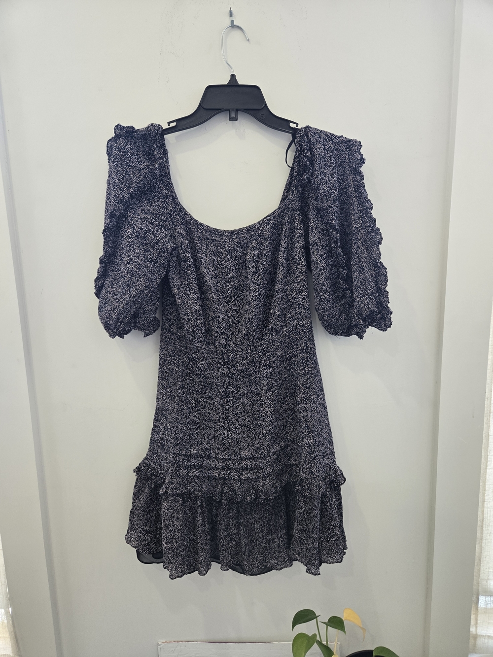 Rebecca Taylor Black Micro-Print Puff Sleeve Mini Dress